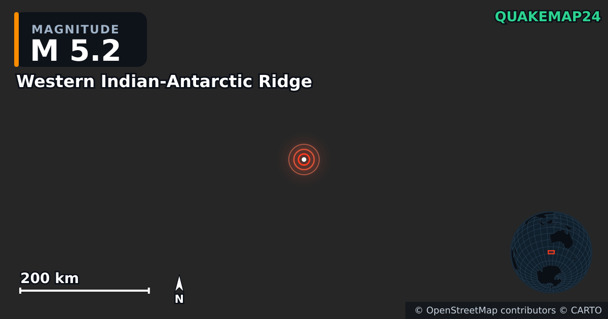 Σεισμός M5,2 κοντά στο Western Indian-Antarctic Ridge — Χάρτης της θέσης του επικέντρου