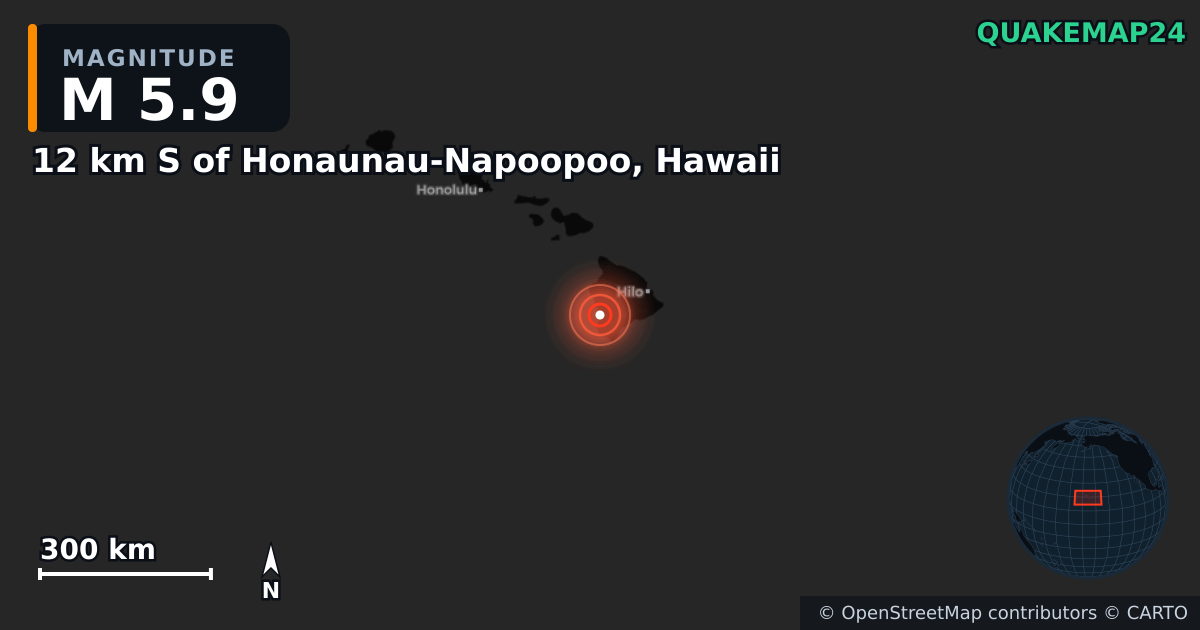 M5.9 earthquake near 12 km S of Honaunau-Napoopoo, Hawaii on May 23, 2026 — map of epicenter and shaking intensity | QuakeMap24