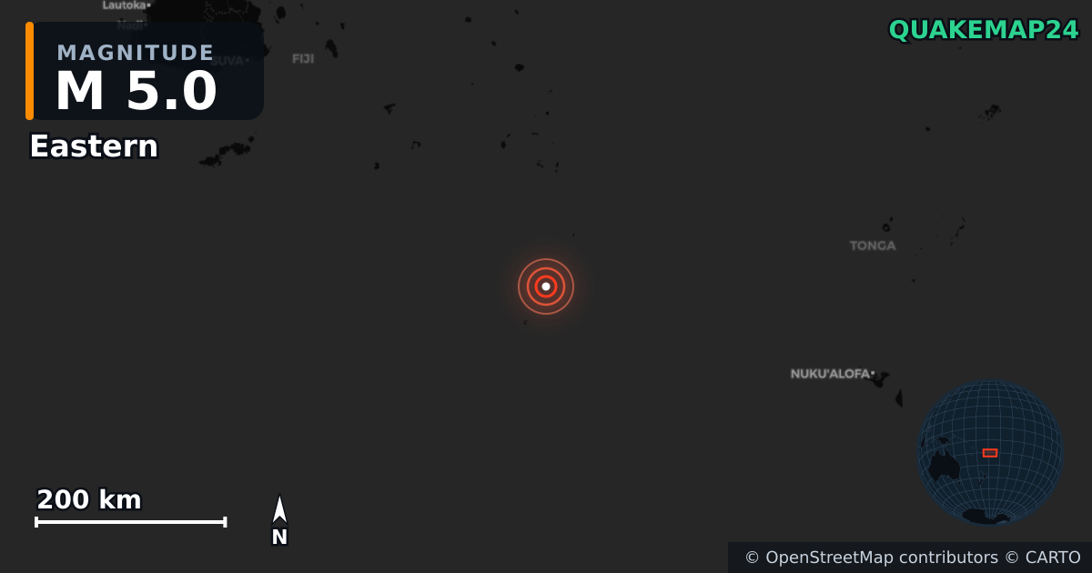 M5.0 earthquake near Eastern on Dec 29, 2025 — map of epicenter and shaking intensity | QuakeMap24