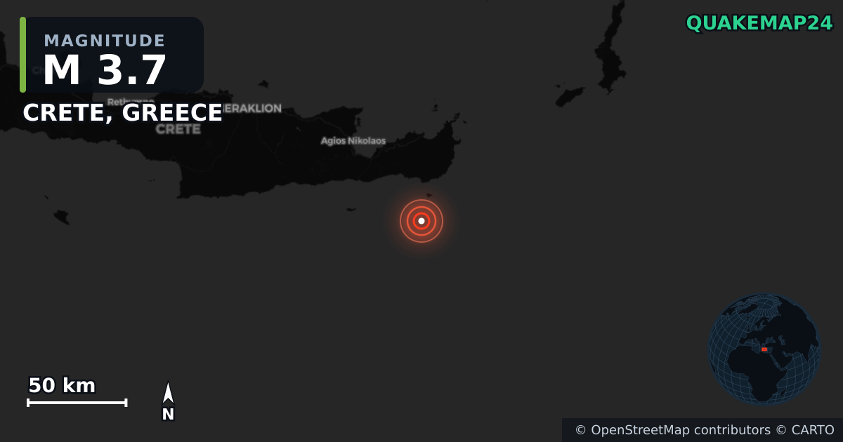 M3.7 earthquake near CRETE, GREECE on Apr 25, 2026 — map of epicenter and shaking intensity | QuakeMap24