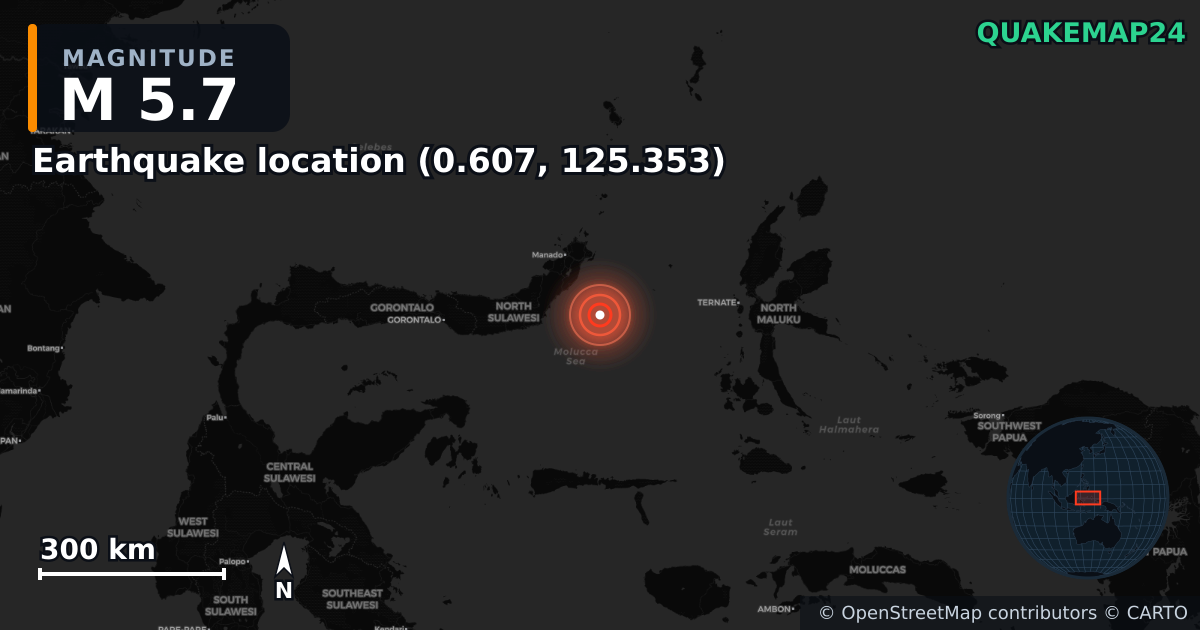 M5.7 earthquake near Earthquake location (0.607, 125.353) on Jan 18, 2026 — map of epicenter and shaking intensity | QuakeMap24