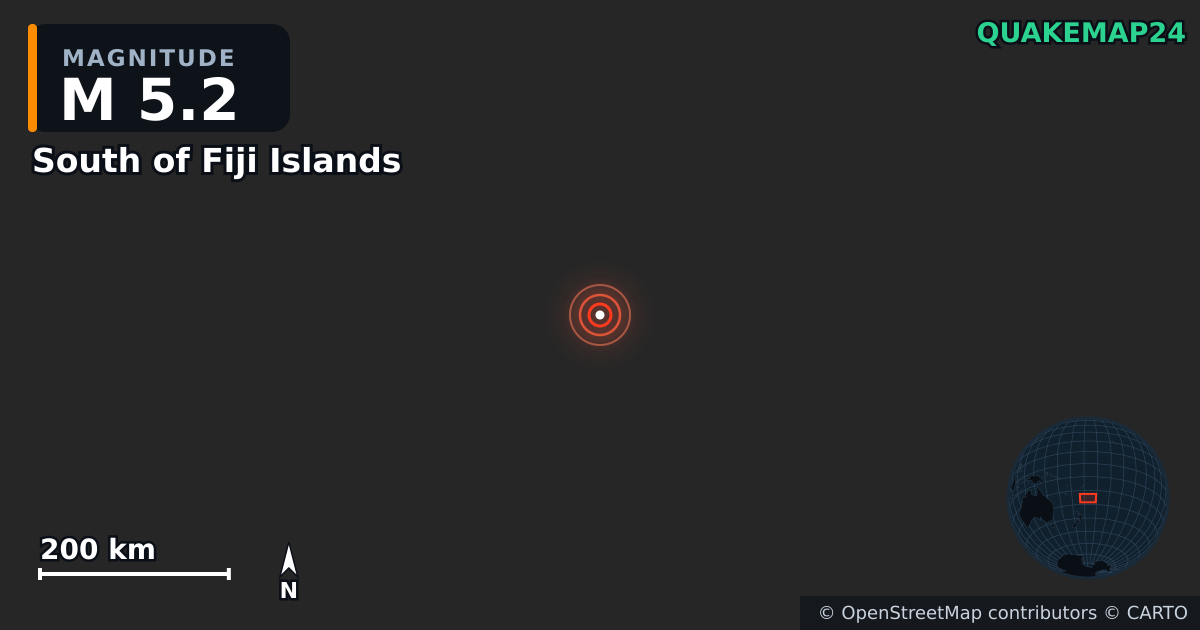 M5.2 earthquake near South of Fiji Islands on Jun 8, 2025 — map of epicenter and shaking intensity | QuakeMap24