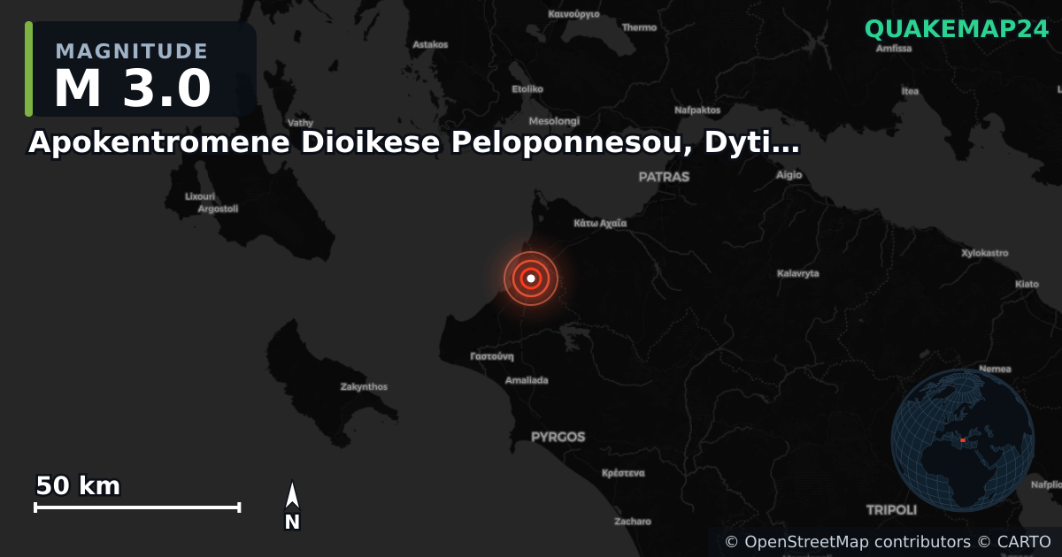 M3.0 earthquake near Apokentromene Dioikese Peloponnesou, Dytikes Elladas kai Ioniou on Jul 10, 2025 — map of epicenter and shaking intensity | QuakeMap24