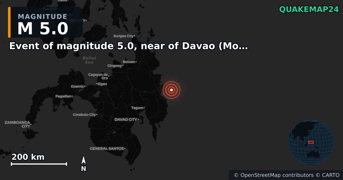 M5.0 earthquake near Event of magnitude 5.0, near of Davao (Monde) on Oct 24, 2025 — map of epicenter and shaking intensity | QuakeMap24