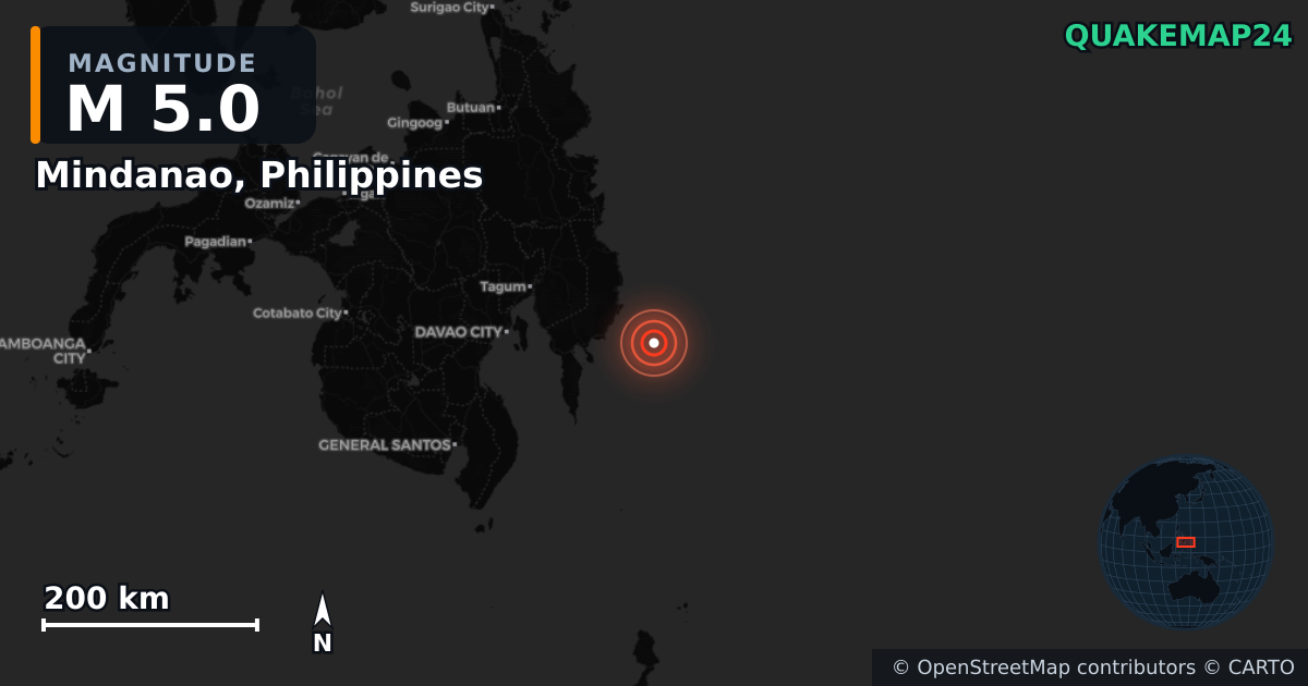 M5.0 Earthquake near Mindanao, Philippines · 2025-10-11 — Map showing the location of the epicenter