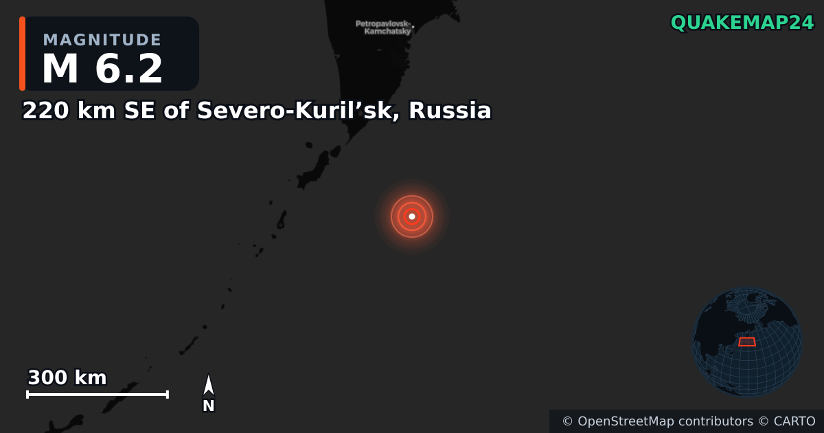 M6.2 earthquake near 220 km SE of Severo-Kuril’sk, Russia on Jul 31, 2025 — map of epicenter and shaking intensity | QuakeMap24