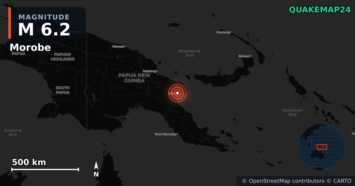 M6.2 earthquake near Morobe on Oct 7, 2025 — map of epicenter and shaking intensity | QuakeMap24