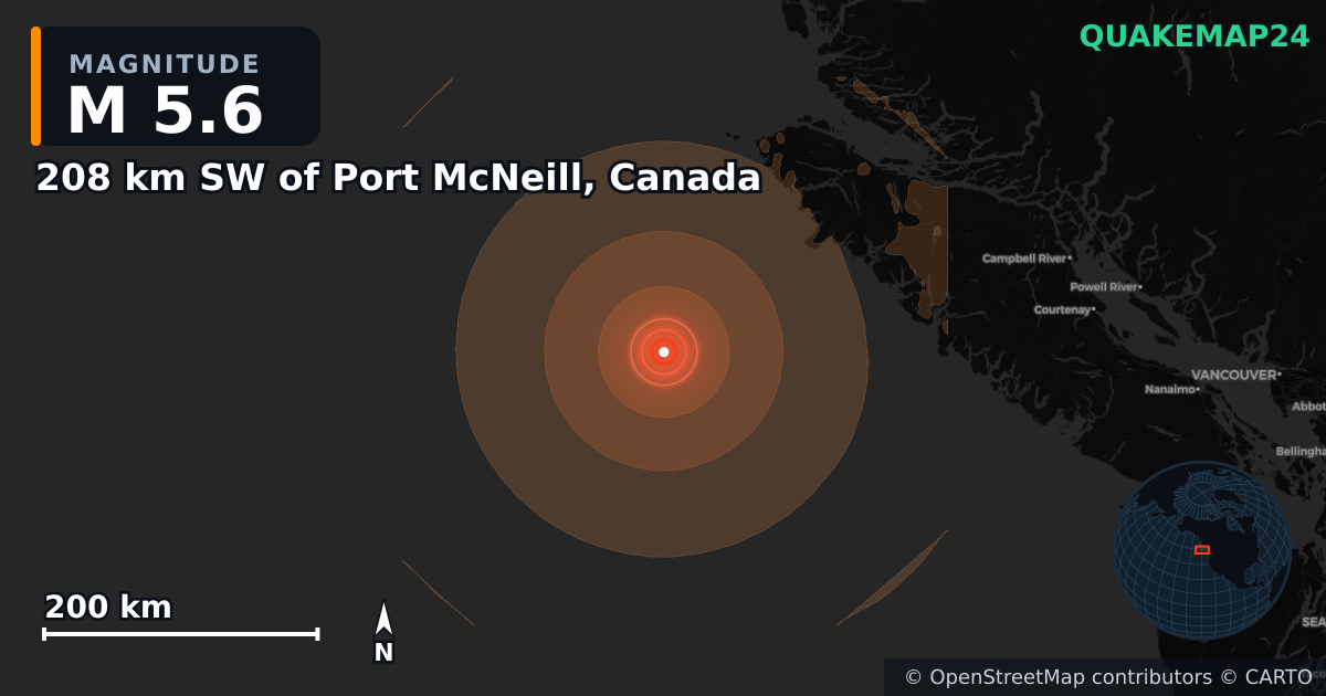 M5.6 earthquake near 208 km SW of Port McNeill, Canada on Jul 20, 2026 — map of epicenter and shaking intensity | QuakeMap24