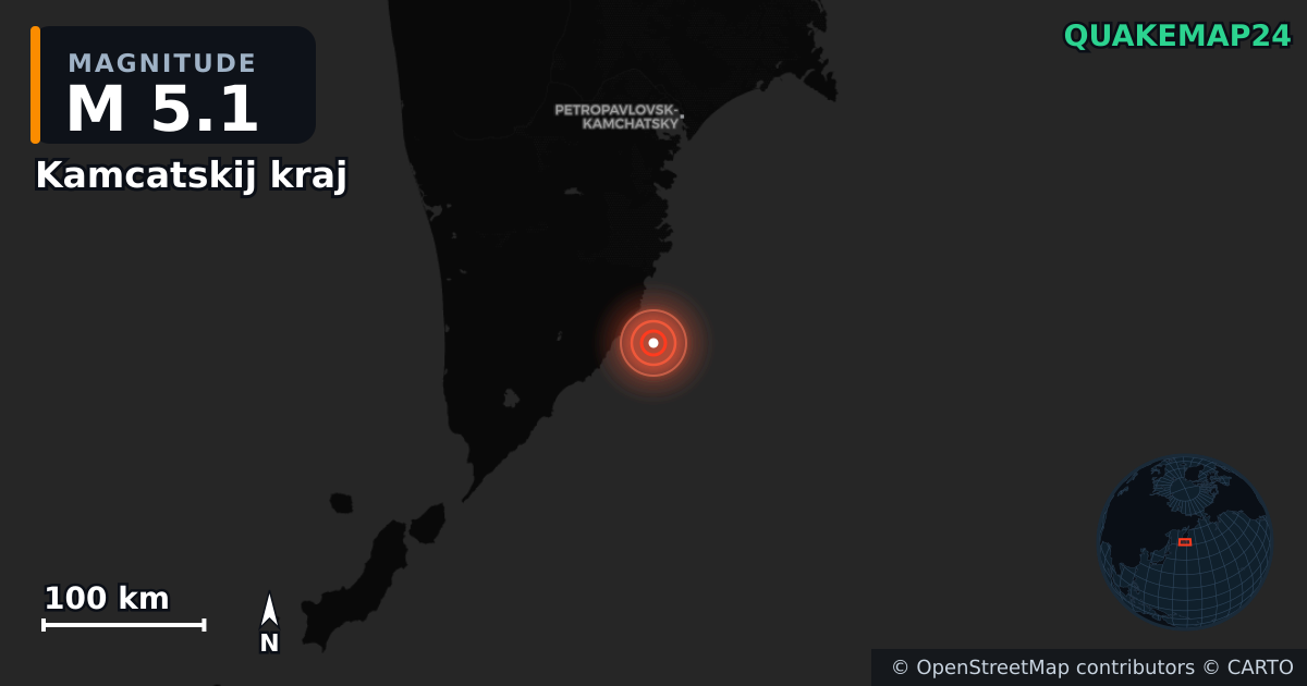 M5.1 earthquake near Kamcatskij kraj on Aug 22, 2025 — map of epicenter and shaking intensity | QuakeMap24