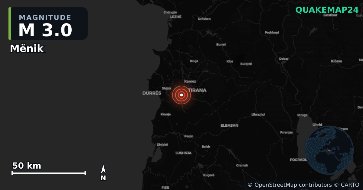 M3.0 earthquake near Mënik on Apr 6, 2026 — map of epicenter and shaking intensity | QuakeMap24