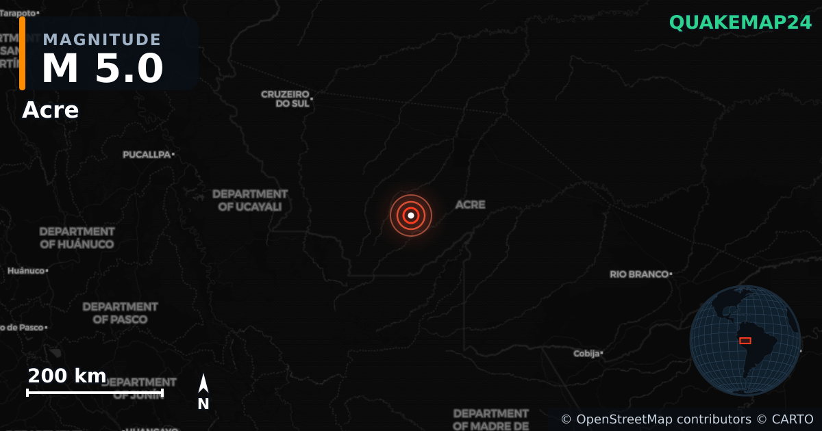 M5.0 earthquake near Acre on Aug 3, 2025 — map of epicenter and shaking intensity | QuakeMap24