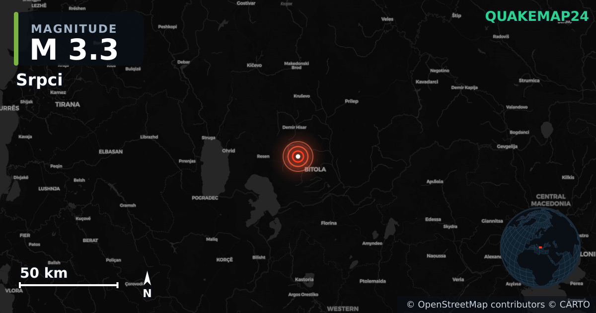 M3.3 earthquake near Srpci on Jan 23, 2026 — map of epicenter and shaking intensity | QuakeMap24