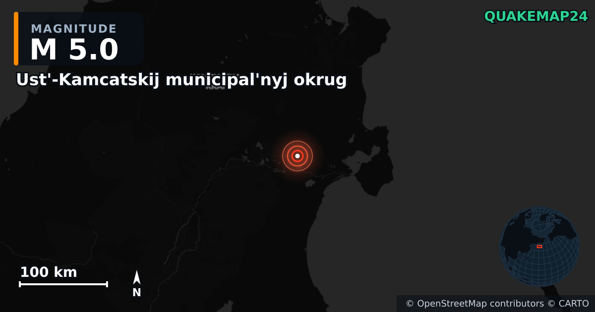 M5.0 earthquake near Ust'-Kamcatskij municipal'nyj okrug on Feb 3, 2026 — map of epicenter and shaking intensity | QuakeMap24