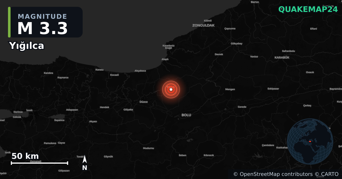 M3.3 earthquake near Yığılca on Jun 11, 2025 — map of epicenter and shaking intensity | QuakeMap24