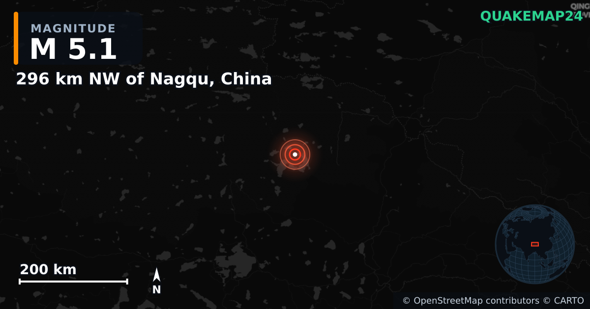 296 km NW of Nagqu, China yakınında M5,1 deprem — Deprem merkez üssünün konumunu gösteren harita