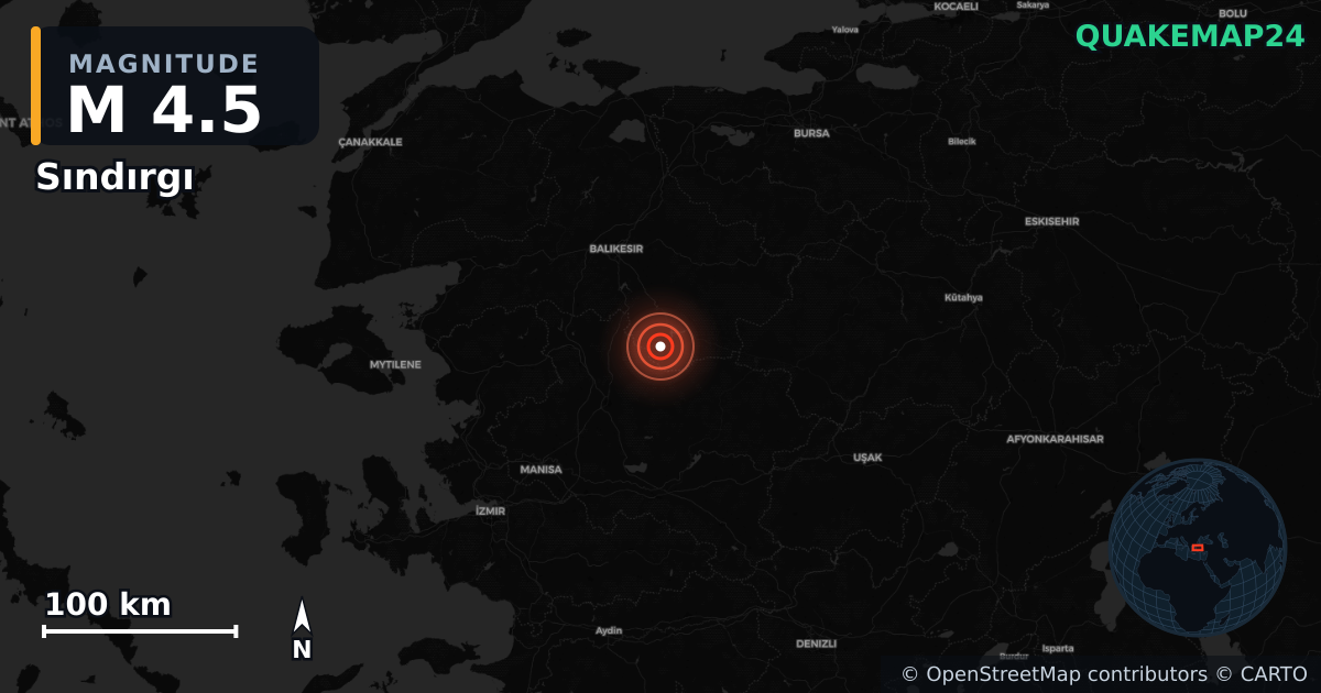 M4.5 earthquake near Sındırgı on Aug 11, 2025 — map of epicenter and shaking intensity | QuakeMap24