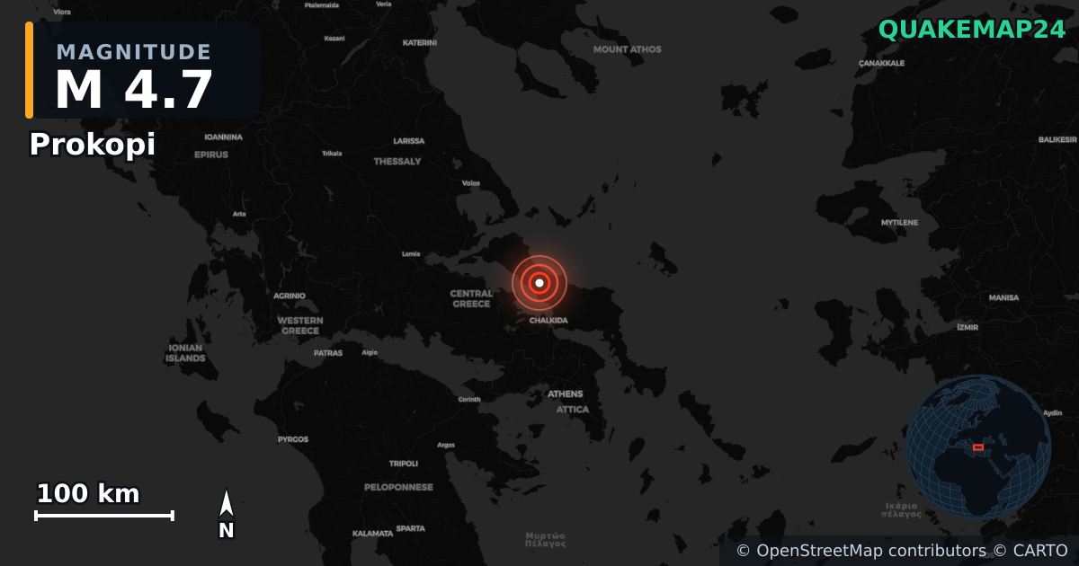 M4.7 earthquake near Prokopi on Jun 7, 2026 — map of epicenter and shaking intensity | QuakeMap24