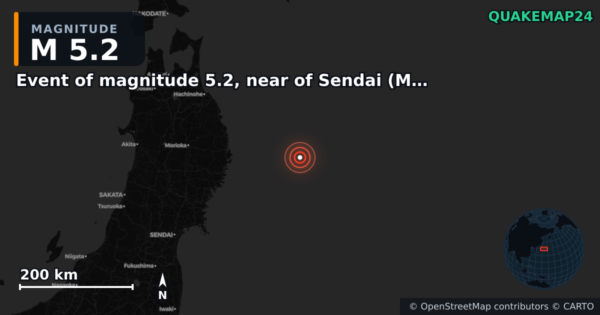 M5.2 earthquake near Event of magnitude 5.2, near of Sendai (Monde) on Dec 7, 2025 — map of epicenter and shaking intensity | QuakeMap24