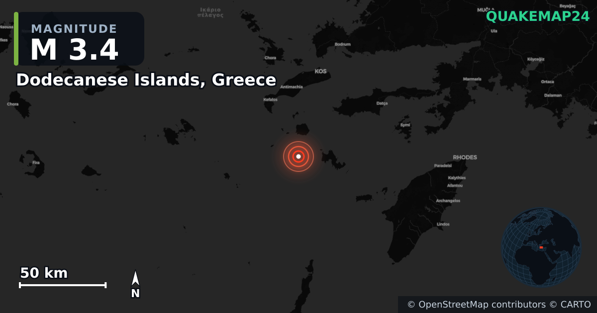 M3.4 earthquake near Dodecanese Islands, Greece on Nov 1, 2025 — map of epicenter and shaking intensity | QuakeMap24
