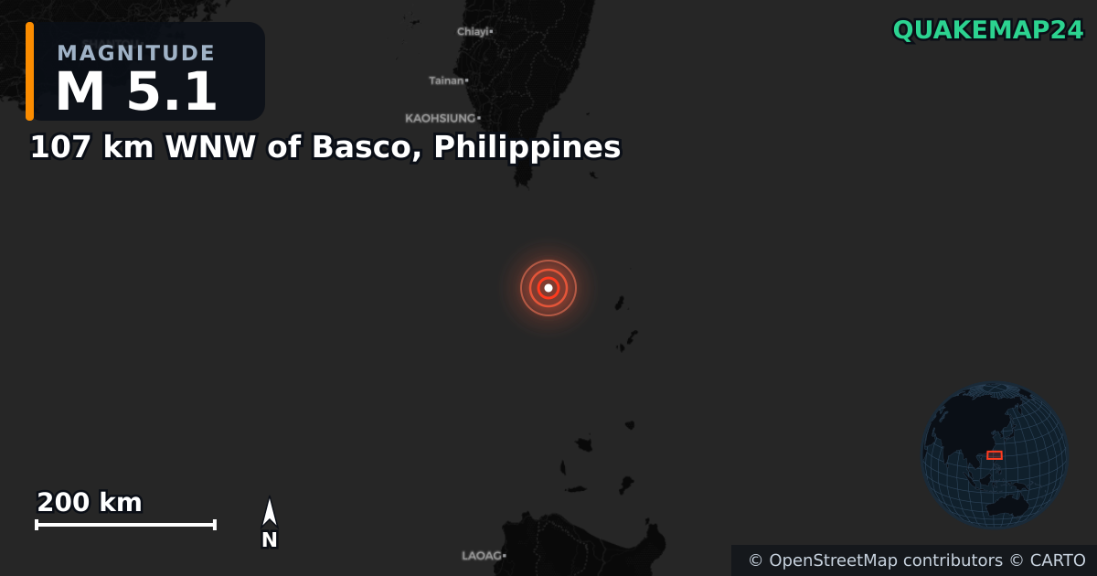 Erdbeben M5,1 bei 107 km WNW of Basco, Philippines — Karte der Lage des Epizentrums