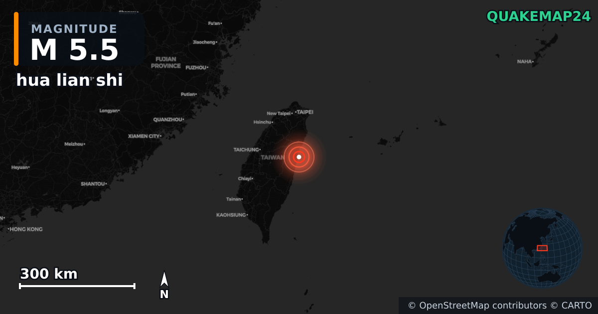 M5.5 earthquake near hua lian shi on Apr 4, 2026 — map of epicenter and shaking intensity | QuakeMap24