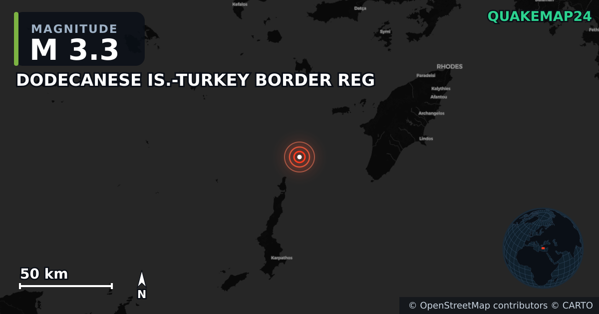 M3.3 earthquake near DODECANESE IS.-TURKEY BORDER REG on Dec 11, 2025 — map of epicenter and shaking intensity | QuakeMap24