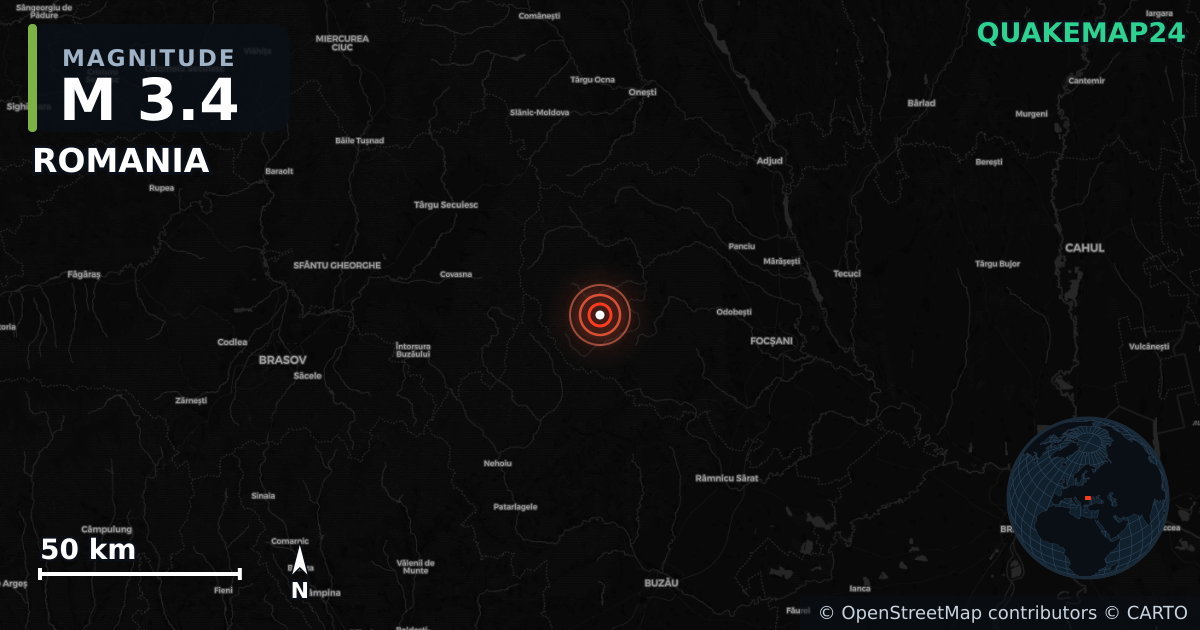 M3.4 earthquake near ROMANIA on Nov 6, 2025 — map of epicenter and shaking intensity | QuakeMap24