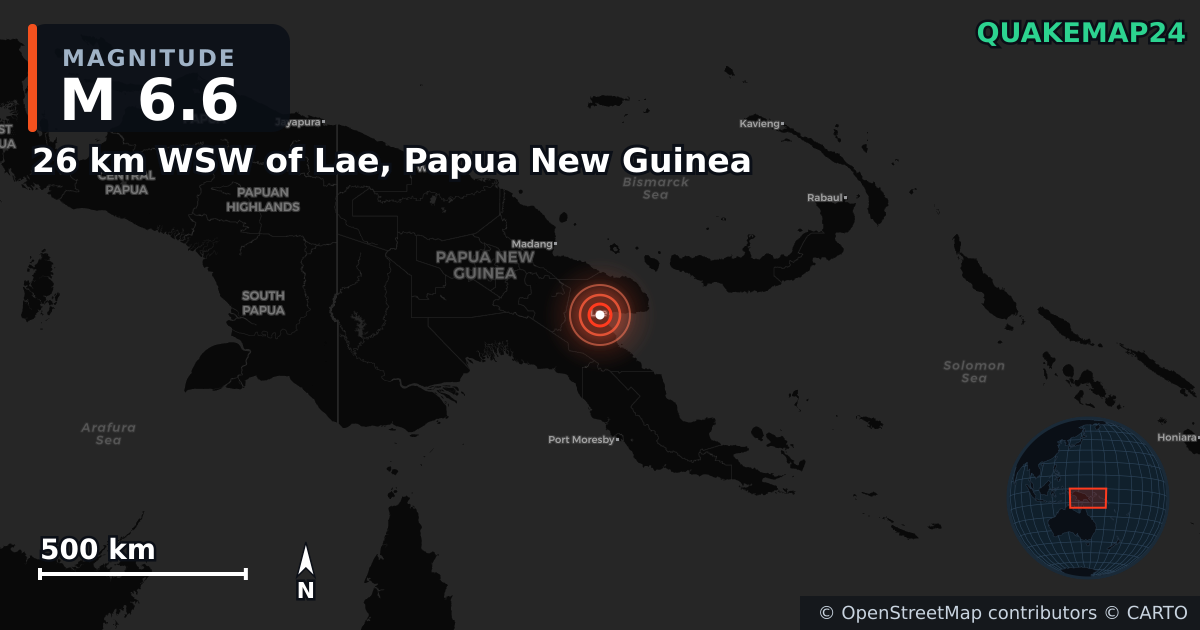 M6.6 earthquake near 26 km WSW of Lae, Papua New Guinea on Oct 7, 2025 — map of epicenter and shaking intensity | QuakeMap24