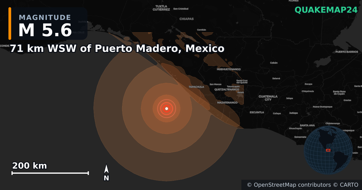 71 km WSW of Puerto Madero, Mexico yakınında M5,6 deprem — Deprem merkez üssünün konumunu gösteren harita