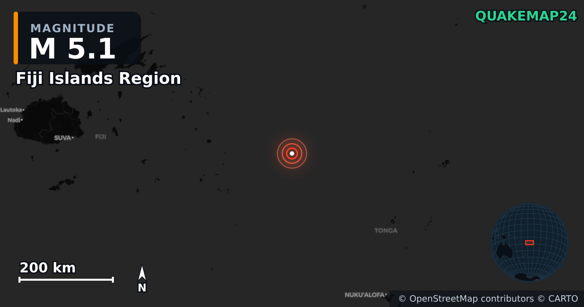 M5.1 earthquake near Fiji Islands Region on Aug 13, 2025 — map of epicenter and shaking intensity | QuakeMap24