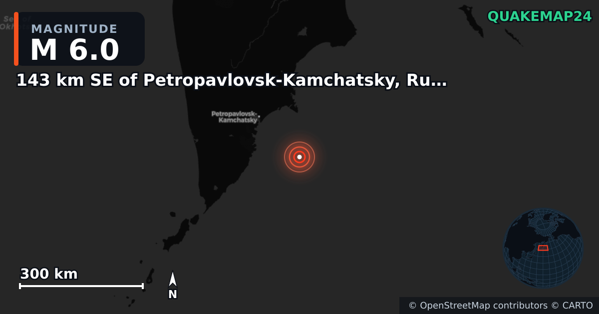 M6.0 earthquake near 143 km SE of Petropavlovsk-Kamchatsky, Russia on Nov 4, 2025 — map of epicenter and shaking intensity | QuakeMap24