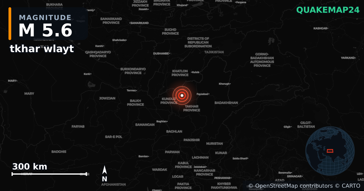 M5.6 earthquake near tkhar wlayt on Dec 19, 2025 — map of epicenter and shaking intensity | QuakeMap24