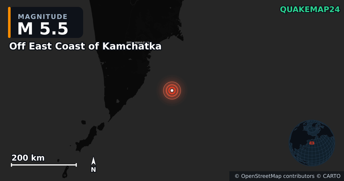 M5.5 earthquake near Off East Coast of Kamchatka on Jul 31, 2025 — map of epicenter and shaking intensity | QuakeMap24