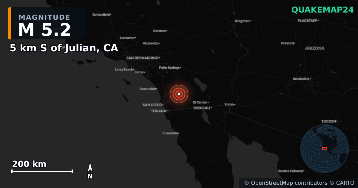5 km S of Julian, CA yakınında M5,2 deprem — Deprem merkez üssünün konumunu gösteren harita