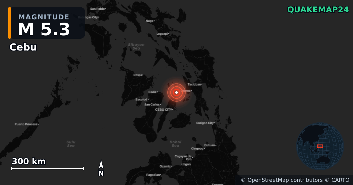 M5.3 earthquake near Cebu on Sep 30, 2025 — map of epicenter and shaking intensity | QuakeMap24