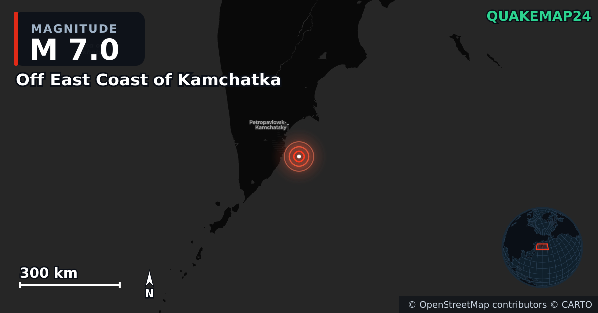 M7.0 earthquake near Off East Coast of Kamchatka on Jul 29, 2025 — map of epicenter and shaking intensity | QuakeMap24