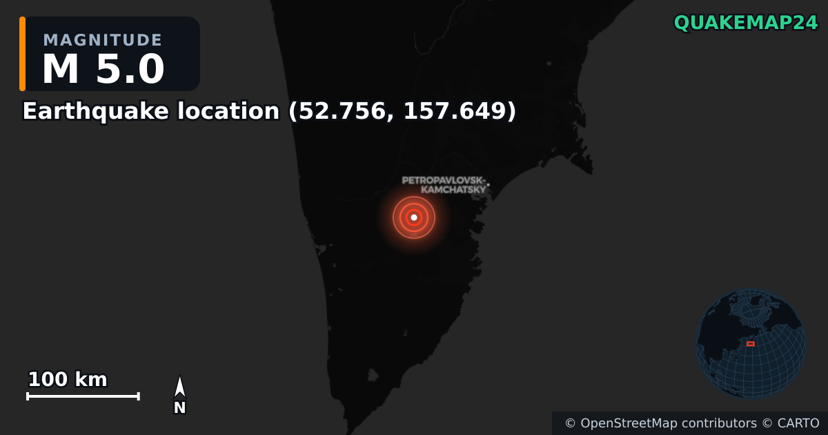 M5.0 earthquake near Deprem konumu (52.756, 157.649) on Sep 18, 2025 — map of epicenter and shaking intensity | QuakeMap24