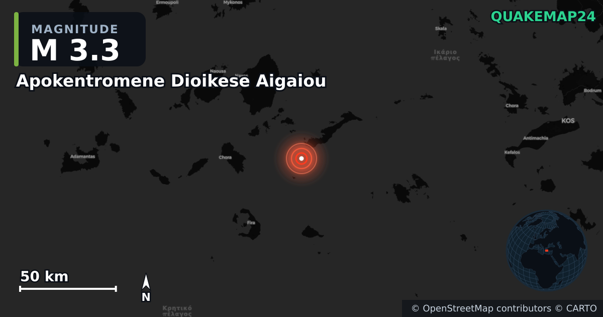 M3.3 earthquake near Apokentromene Dioikese Aigaiou on Dec 24, 2025 — map of epicenter and shaking intensity | QuakeMap24