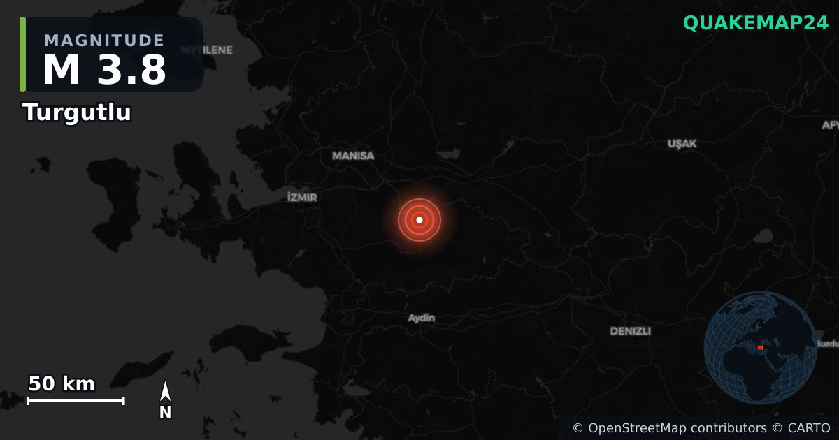 Σεισμός M3,8 κοντά στο Turgutlu, Manisa (Τουρκία) · 2026-06-24 — Χάρτης της θέσης του επικέντρου