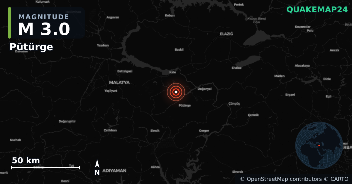 M3.0 earthquake near Pütürge on Aug 11, 2025 — map of epicenter and shaking intensity | QuakeMap24