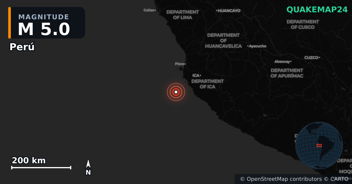 M5.0 earthquake near Perú on Apr 25, 2026 — map of epicenter and shaking intensity | QuakeMap24