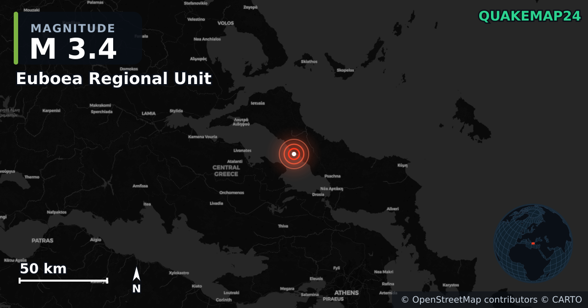 Sismo de M3,4 perto de Euboea Regional Unit, Central Greece (Grécia) · 2026-06-23 — Mapa da localização do epicentro