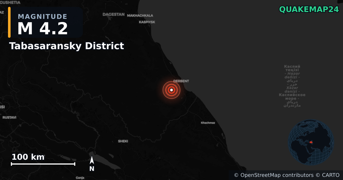 M4.2 earthquake near Tabasaransky District on Aug 21, 2026 — map of epicenter and shaking intensity | QuakeMap24