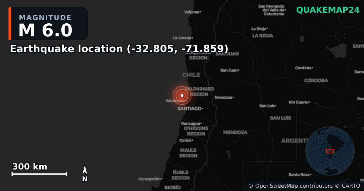M6.0 earthquake near Local do sismo (-32.805, -71.859) on May 31, 2026 — map of epicenter and shaking intensity | QuakeMap24