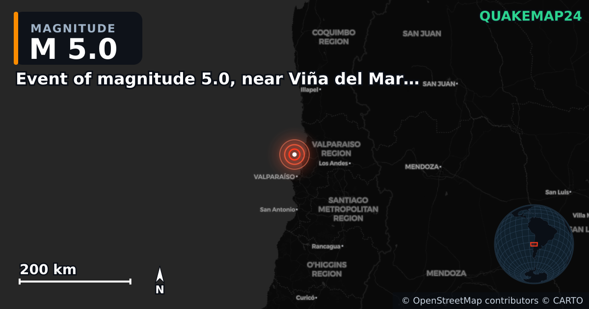 M5.0 earthquake near Event of magnitude 5.0, near Viña del Mar (Monde) on May 31, 2026 — map of epicenter and shaking intensity | QuakeMap24