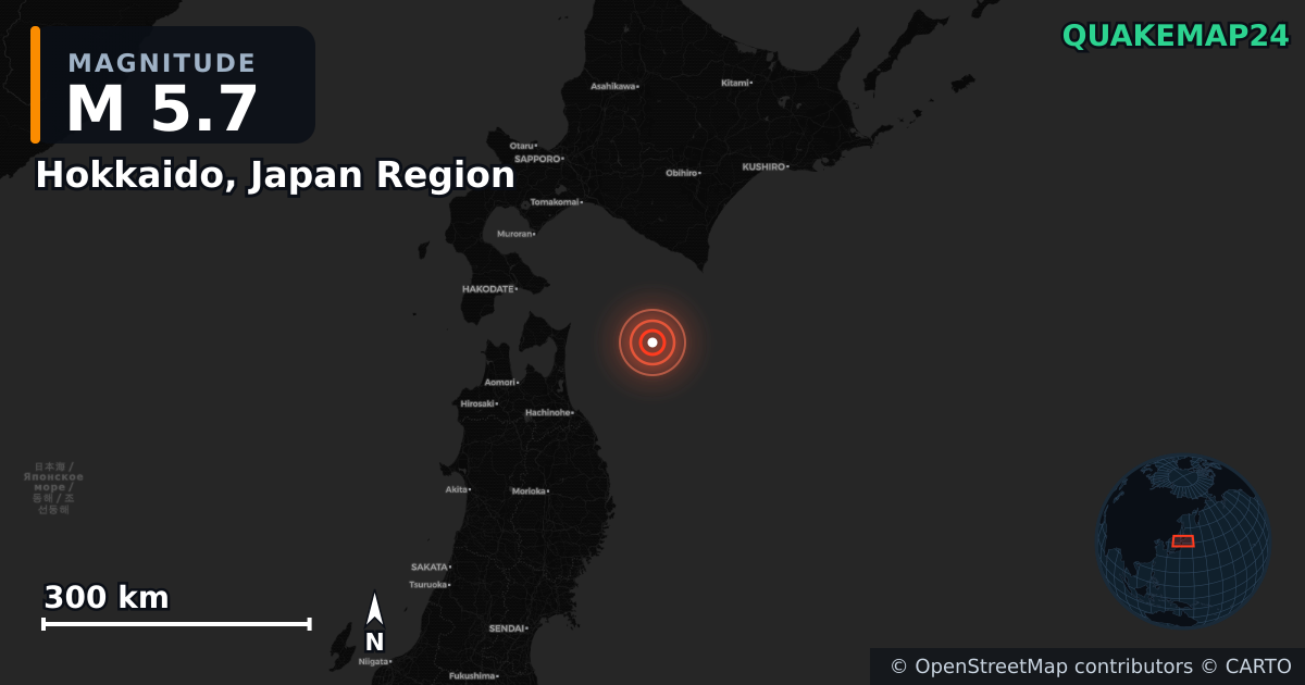 M5.7 earthquake near Hokkaido, Japan Region on Dec 25, 2025 — map of epicenter and shaking intensity | QuakeMap24