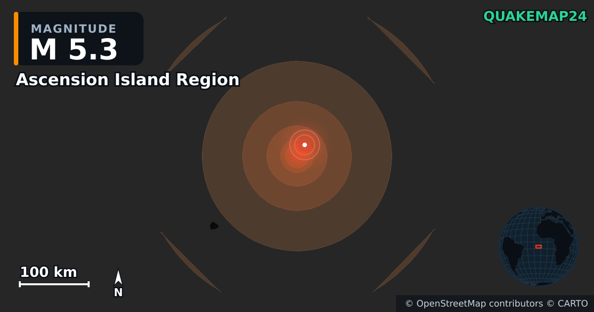 M5.3 earthquake near Ascension Island Region on Jun 20, 2026 — map of epicenter and shaking intensity | QuakeMap24