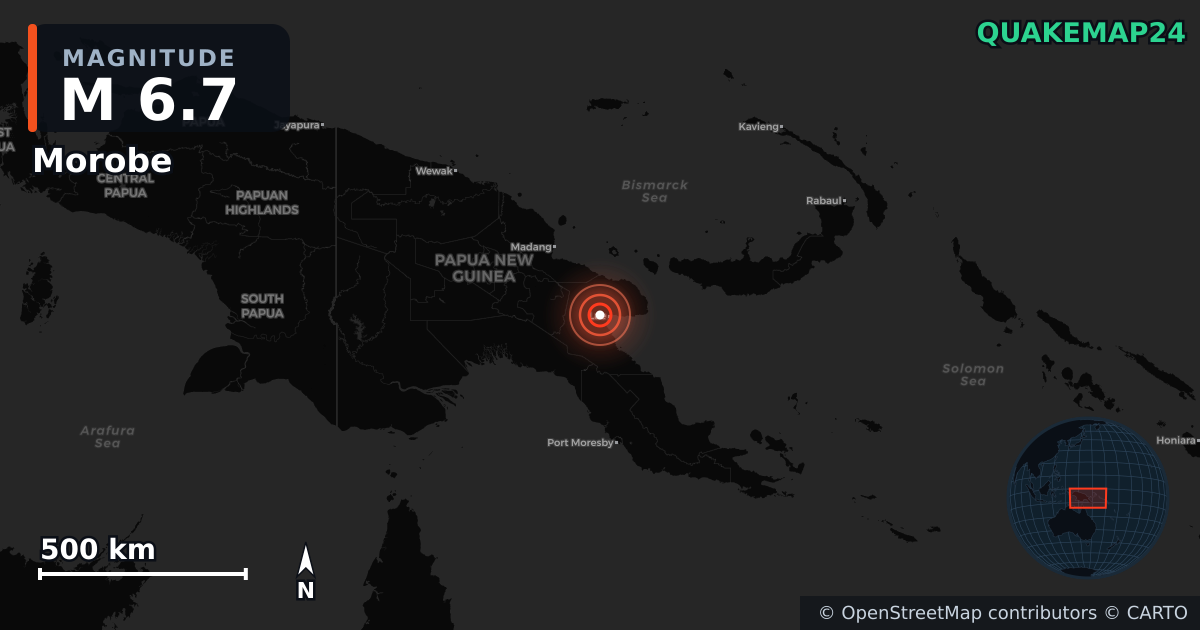 M6.7 earthquake near Morobe on Oct 7, 2025 — map of epicenter and shaking intensity | QuakeMap24