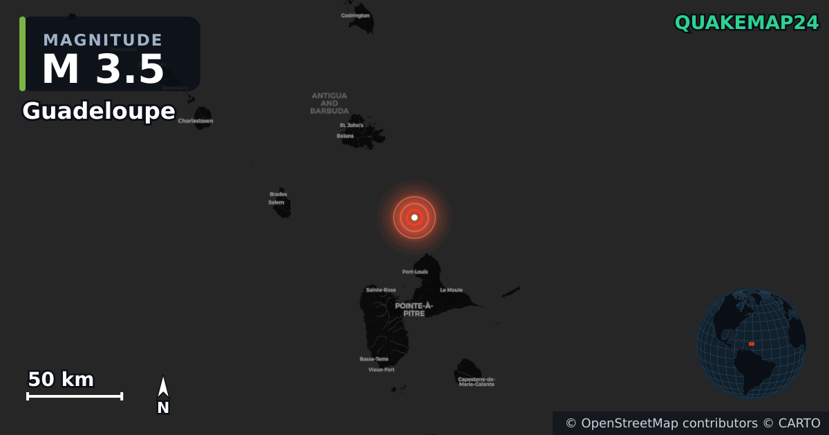 M3.5 earthquake near Guadeloupe on Aug 3, 2026 — map of epicenter and shaking intensity | QuakeMap24
