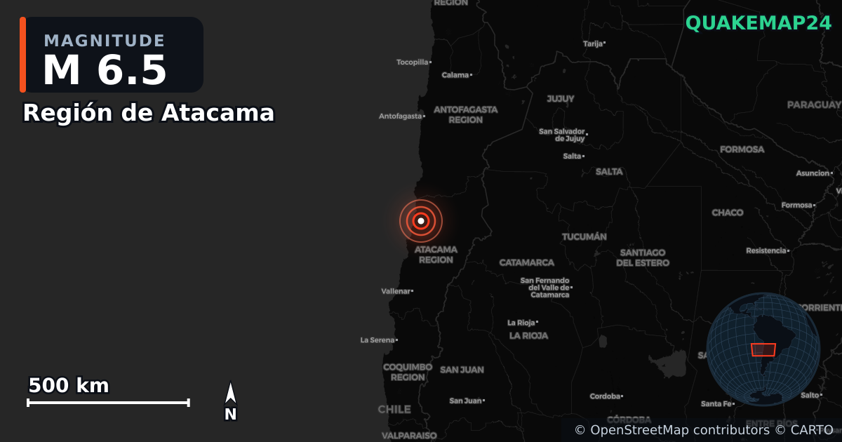M6.5 earthquake near Región de Atacama on Jun 6, 2025 — map of epicenter and shaking intensity | QuakeMap24